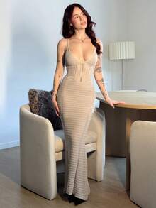 Abrilcols Elegant Deep V-Neck Hollow Out Spaghetti Strap Back Tie Backless Slim Summer Crochet Dress - Khaki - View 5