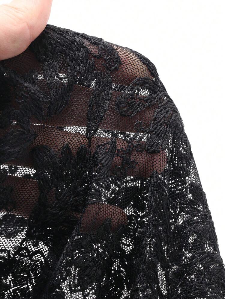 Women's Round Neck Long Sleeve Lace Embroidery Tie-Up Elegant Long Dress Maxi Dress Sundress