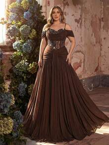 Glamrae Plus Size Elegant & Romantic Brown Off-Shoulder Luxury Beaded Splice Flared Hem Dress, Suitable For Wedding, Party, Celebration, Formal Gala (Embellished Design) - Brown - View 1