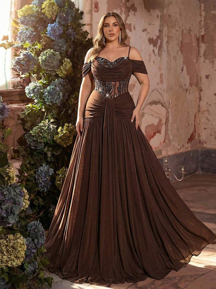 Glamrae Plus Size Elegant & Romantic Brown Off-Shoulder Luxury Beaded Splice Flared Hem Dress, Suitable For Wedding, Party, Celebration, Formal Gala (Embellished Design) - Brown - View 1
