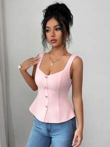 Elenzga Women's Fashionable Elegant Square Collar Button-Up Pleated Waist Fitted Camisole - Pink - View 4