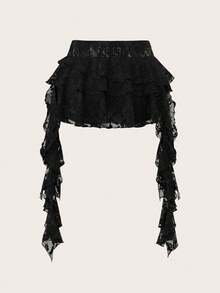 SHEIN PETITE Chân váy ren sóng cạp thấp dáng suông phối cùng quần short ngắn để che chắn hở hang, thích hợp cho kỳ nghỉ, phong cách bohemian, tiệc tùng, lễ hội. - màu đen - Xem 3