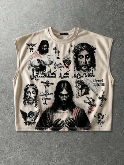 ROMWE MEN Street Life Men's Printed Vest, Vintage Street Style Loose Cropped