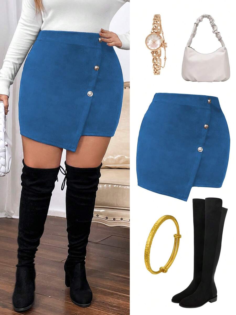 Vionelle Casual Plus Size Blue Mini Skirt Plain Woven Fabric Bodycon Fit With Asymmetrical Button Front - Blue - View 1
