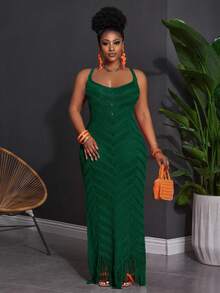 Slaydiva 大码夏季无袖镂空透视连衣裙 - 綠色 - 查看 4