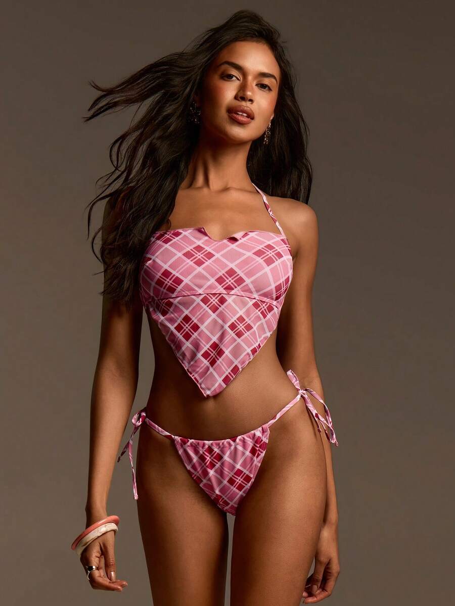 Athîral 2-Piece Women's Casual Beach Red Checkered Spaghetti Strap Swimsuit, Beach Outfit, Vacation Outfit, Vacation Two-Piece Set, Summer Vacation Outfit, Outdoor Outfit, Beach Outfit - Red - View 1
