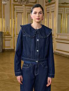 LOTSLUV 女士藏蓝色牛仔翻领荷叶边宽松牛仔外套 - 藍色 - 查看 4