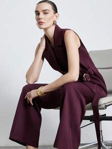 Aveloria Modichic 新款时尚优雅女士西装领系带不对称搭扣宽松西装外套及直筒裤套装 - 中紫紅色 - 查看 1