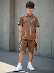 SHEIN Tween Boy Loose Coffee Brown Knitted Polo Shirt And Shorts 2 Pieces Set,Summer Casual Vacation Turn Down Collar Short Sleeve Solid Outfit For Kids - Brown - View 7