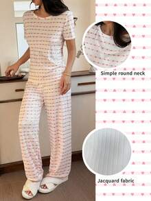 SHEIN Napfluff Women's Jacquard Ribbed Heart Pattern Short Sleeve Pants Casual Pajama Set - White - View 2