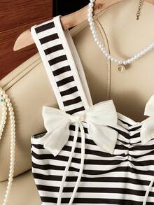 GlowEve Women Striped Fabric 3D Flower Bow Ribbon Tank Top,Summer - Black and White - View 4