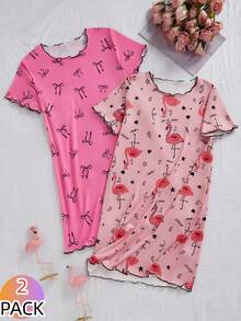 SHEIN 2件套 女童可爱蝴蝶结火烈鸟印花舒适长款睡衣家居服套装 - 彩色 - 查看 8