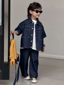 DAZY 男童休闲短袖衬衫和牛仔裤套装 - 藍色 - 查看 3
