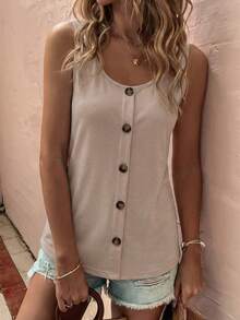 Selamara New Fashion Women Round Neck Button Camisole - Khaki - View 3