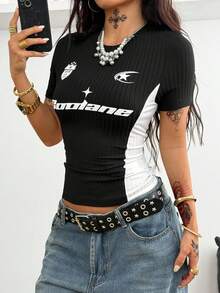 Coolane Áo thun crop top màu đen phối màu, thích hợp cho mùa hè, chủ đề Valentine, Y2K, phong cách đường phố cổ điển, đi concert, rave, carnival. Áo thun in hình họa tiết, phong cách thường ngày, phù hợp đi lễ hội, đi chơi. - màu đen - Xem 2