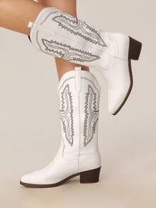 Styleloop 女士新款刺绣西部靴，时尚个性化刺绣厚底靴，波西米亚风，美式复古，适合西部音乐节、派对、圣诞节、万圣节等场合穿着，也适合科切拉音乐节等活动。 - 白色1 - 查看 2
