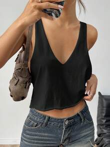 SHEIN EZwear Women Sexy Deep V-Neck Loose Summer Tank Top - Black - View 3