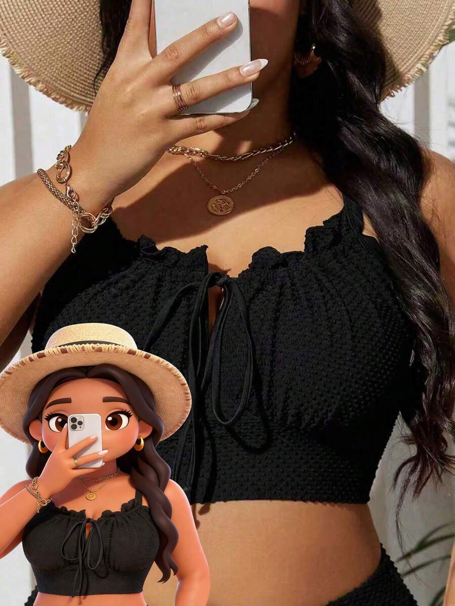 Swim Lushoire Plus Size Women's Solid Color Textured Frill Trim Tie Front Swimwear Top, Summer Beach - Black - View 1