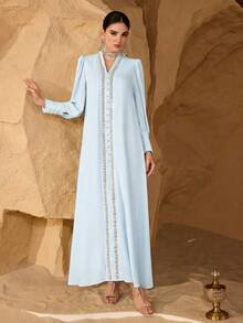 SHEIN Najma Elegant Floral Lace Patchwork Women Simple Fashionable Young Dress - Baby Blue - View 7