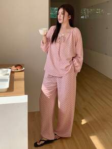 Dazy Plus 两件套可爱撞色蕾丝宽松上衣长裤睡衣套装，粉色，春夏款 - 粉色 - 查看 7