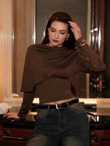 Modelyn 1pc Women's One-Shoulder Fitted Long Sleeve Elegant Commuter T-Shirt - Coffee Brown - View 5
