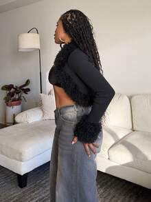 Tyla Gomez Solid Fuzzy Trim Open Front Crop Fall Clothes Women Jacket - Black - View 3
