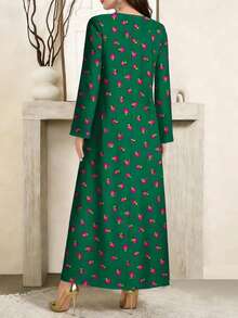 SHEIN Najma 女士花卉叶子印花V领长袖优雅连衣裙，春秋季 - 彩色 - 查看 2