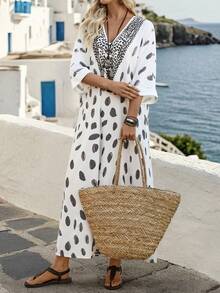 SHEIN Holidaya Women's Bohemian V-Neck Floral Print Loose Casual 3/4 Sleeve Dress, Spring/Summer - Apricot - View 6