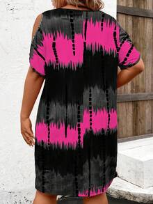 Breezaya 大码圆领露肩短款拼色连衣裙，休闲日常装，适合夏季 - 彩色 - 查看 2