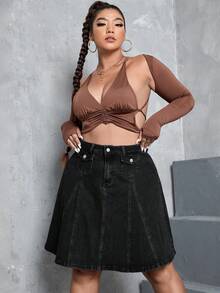 SHEIN ICON Chân váy denim ngắn đơn giản, cỡ lớn, thích hợp mặc hàng ngày. - màu đen - Xem 3