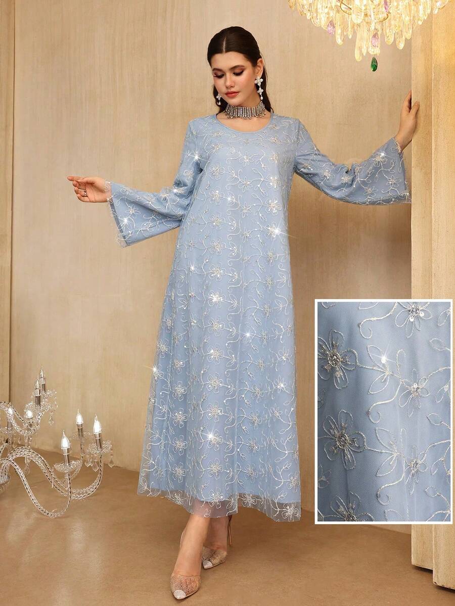 Al Najma Loose Flowy Embroidered & Beaded Long Sleeve Dress For Women, Arabic Style - Blue - View 1