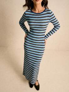 Poéselle Đầm dài tay cổ tròn kẻ sọc dáng ôm dành cho nữ, kiểu dáng thường ngày. - Màu xanh lam - Xem 5