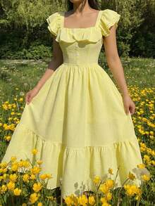 SHEIN MOD 女士休闲荷叶边短袖连衣裙，黄色 - Butter Yellow - 查看 2