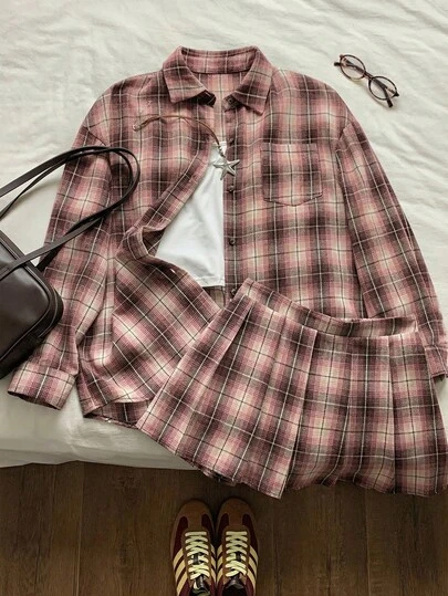 Comfortcana Conjunto de 2 piezas de camisa casual a cuadros y minifalda de moda para mujer, primavera/verano 2026, traje a cuadros retro, ropa cómoda de mujer para otoño/invierno, ropa de mujer para primavera/verano, ropa de mujer para Navidad, ropa de mujer para Año Nuevo, ropa de mujer para Acción de Gracias