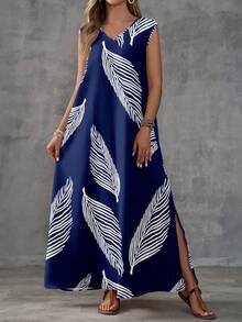 SHEIN LUNE Boho Chic Sleeveless V Neck Blue Woven Fabric Tunic Long Dress With Random Print And Slit Blue Maxi Dress Women Maxi Vacation Dress Women Vacation Dress Beach Long Dress Casual Long Dress ,Summer Dress - Blue - View 3