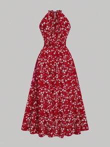 Sweetra Váy Maxi xẻ cổ chữ V khoét sâu cho nữ cỡ lớn, Váy đi biển họa tiết hoa nhỏ màu đỏ tía cổ điển thanh lịch, Xuân/Hè - Đỏ - Xem 2