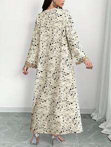 SHEIN Najma 女士花卉图案复古印花V领长袖优雅阿拉伯风格连衣裙，适合春秋季穿着 - 彩色 - 查看 2