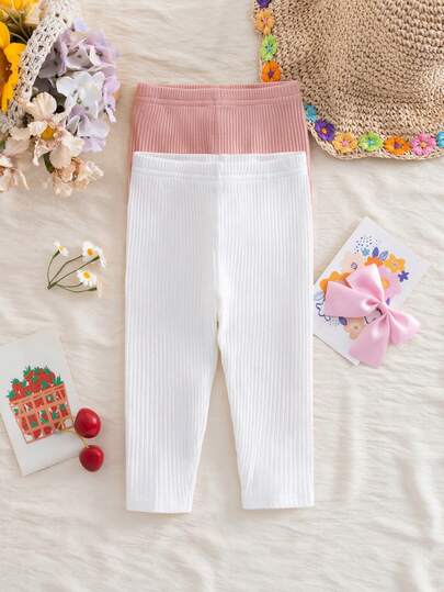 SHEIN 2pcs Babygirl Casual Solid Color Elastic Waist Knit Pants