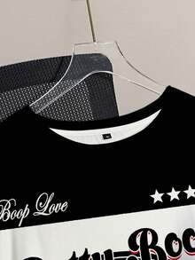 Betty Boop x SHEIN 大码休闲撞色卡通图案圆领短袖T恤，夏季 - 白色 - 查看 3