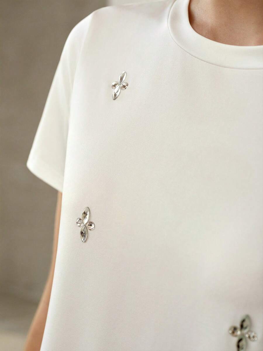 MOTF PREMIUM WOMEN'S RHINESTONE EMBELLISHED ROUND NECK SHORT SLEEVE T-SHIRT - White - View 2