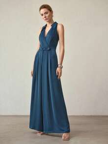 MOTF PREMIUM ELEGANT MINIMALIST WIDE LEG JUMPSUIT, SUITABLE FOR COMMUTING, SPRING/SUMMER - Teal Blue - View 2