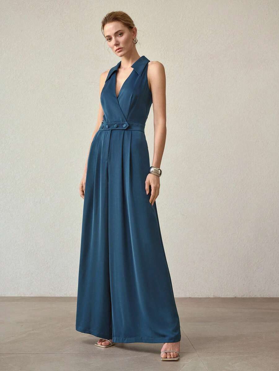 MOTF PREMIUM ELEGANT MINIMALIST WIDE LEG JUMPSUIT, SUITABLE FOR COMMUTING, SPRING/SUMMER - Teal Blue - View 2