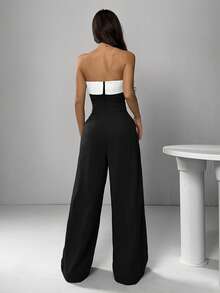 SHEIN EZwear Bộ jumpsuit ống rộng xếp ly phối đen trắng cổ điển dành cho nữ, thích hợp cho mùa xuân/hè. - Nhiều màu - Xem 2