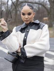 Melissa Matos 女式秋冬拼布羊羔绒休闲单排扣夹克 - 米色 - 查看 6