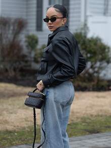 Melissa Matos 女士街头风格 PU 皮夹克，宽松长袖翻领 - 黑色 - 查看 3