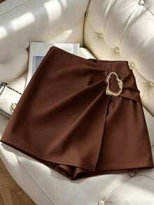 Franclia 2026 New Style Fashionable And Versatile High-Waisted Slimming Knot Metal Buckle Irregular Skirt Pants Anti-Exposure Shorts Brown Bodycon Skirt Pants For Women, Spring/Summer Clothing, Summer Outfits, Elegant Bottoms, Back-To-School Outfits, Women's Casual Wear, Versatile Skirt Pants, Brown Shorts - Brown - View 1