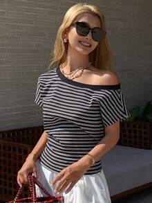 Livesso Women's Striped Asymmetric-Shoulder Short Sleeve Casual Versatile T-Shirt - Black and White - View 1