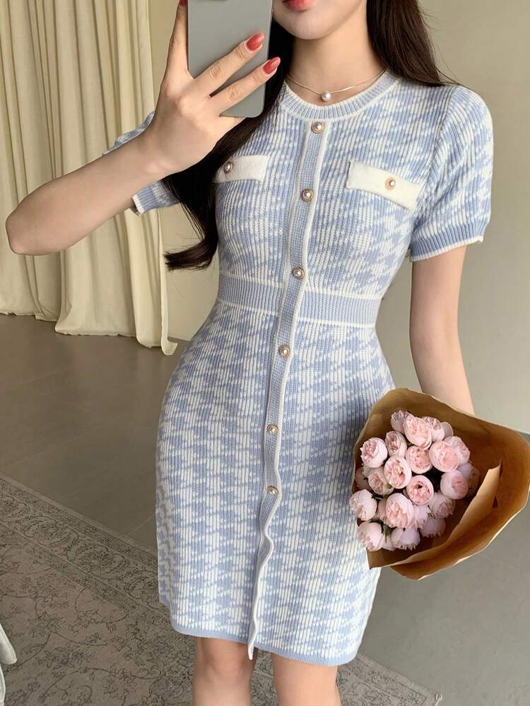 Spring/Summer Houndstooth Knit Bodycon Dress, Elegant Commuter Style, Suitable For Valentine's Day