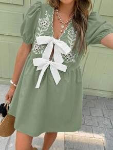 Serisse Women's Casual Vacation Floral Embroidery Tie-Up Short Dress - Mint Green - View 7