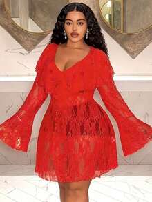 Slaydiva 秋冬新款优雅派对性感聚会生日派对约会朋友聚会毕业季婚礼季情人节性感修身纯红色连衣裙，荷叶边领口，深V领，长喇叭袖，A字裙摆，薄纱蕾丝面料，大码迷你连衣裙 - B - 紅色 - 查看 8